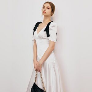 Commense White V-Neck Drop Waist Satin Maxi Dress Black Bows